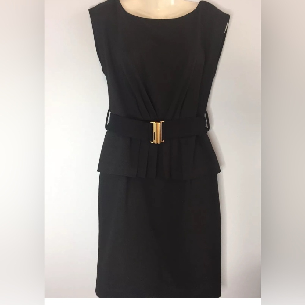 Shoshanna black peplum sheath sleeveless belted dress. Size 8
